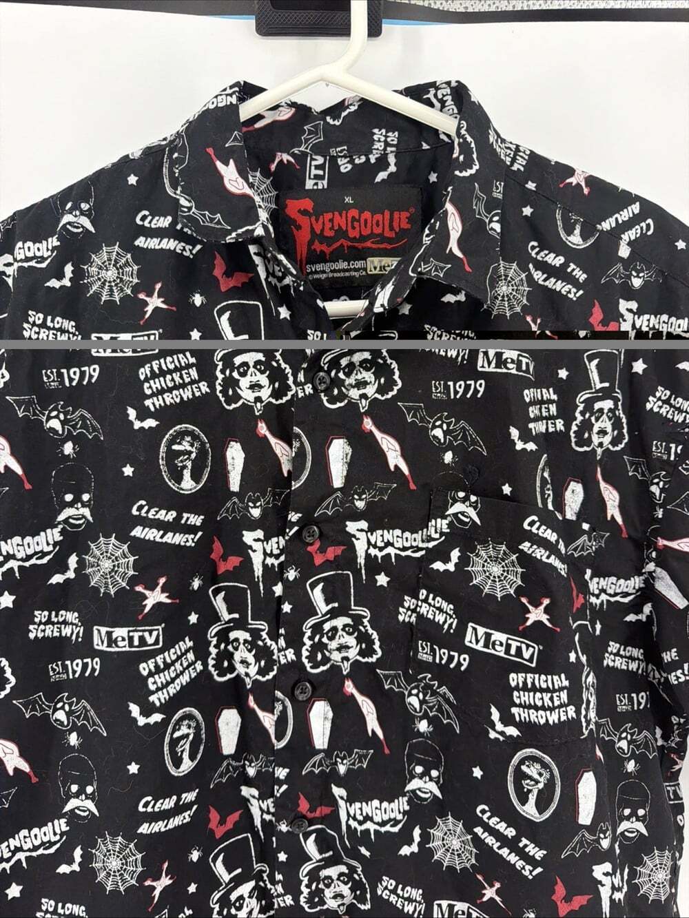 MeTV Real Svengoolie All Over Print Button Up Shirt Adult XL Chicken Thrower